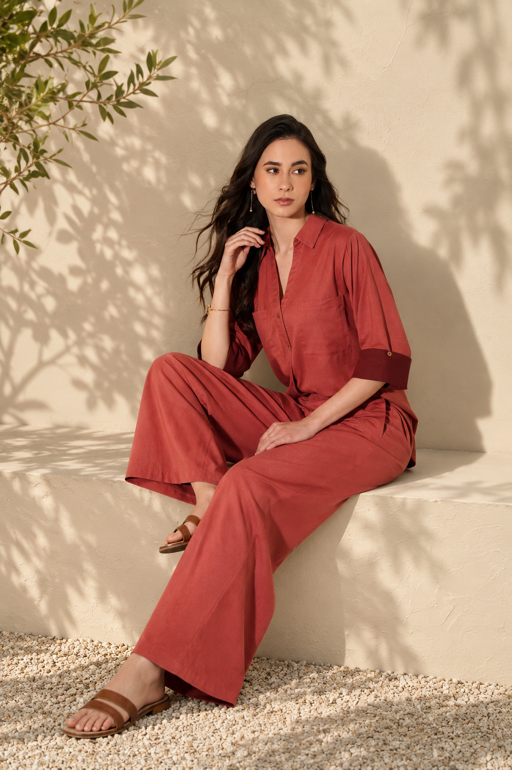 Linen Blend Colourblock Co-Ord Set - Pink