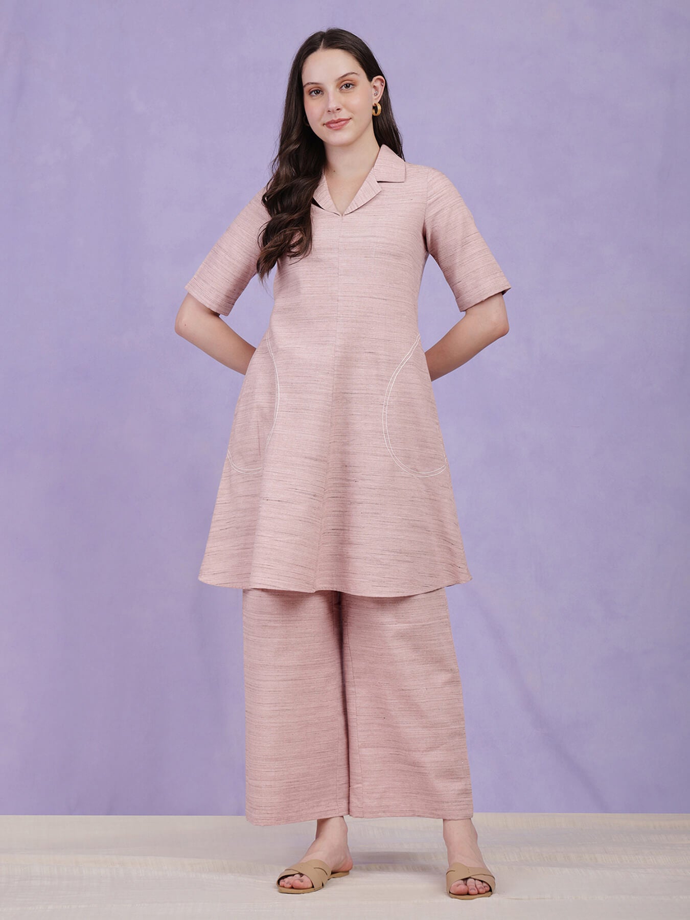 Cotton Solid A-Line Co-ord Set - Pink