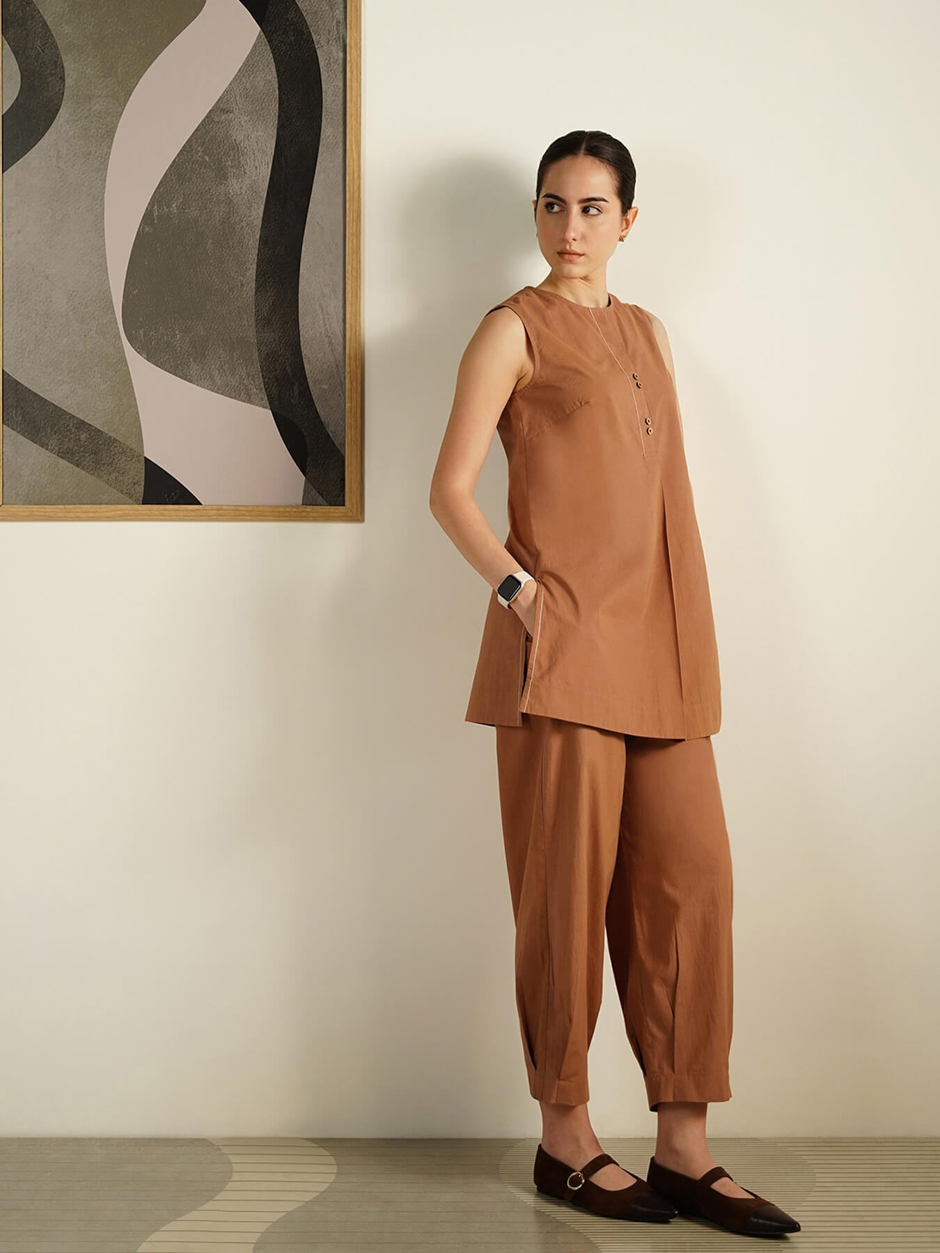 Cotton Solid Round Neck Co-Ord Set - Rust