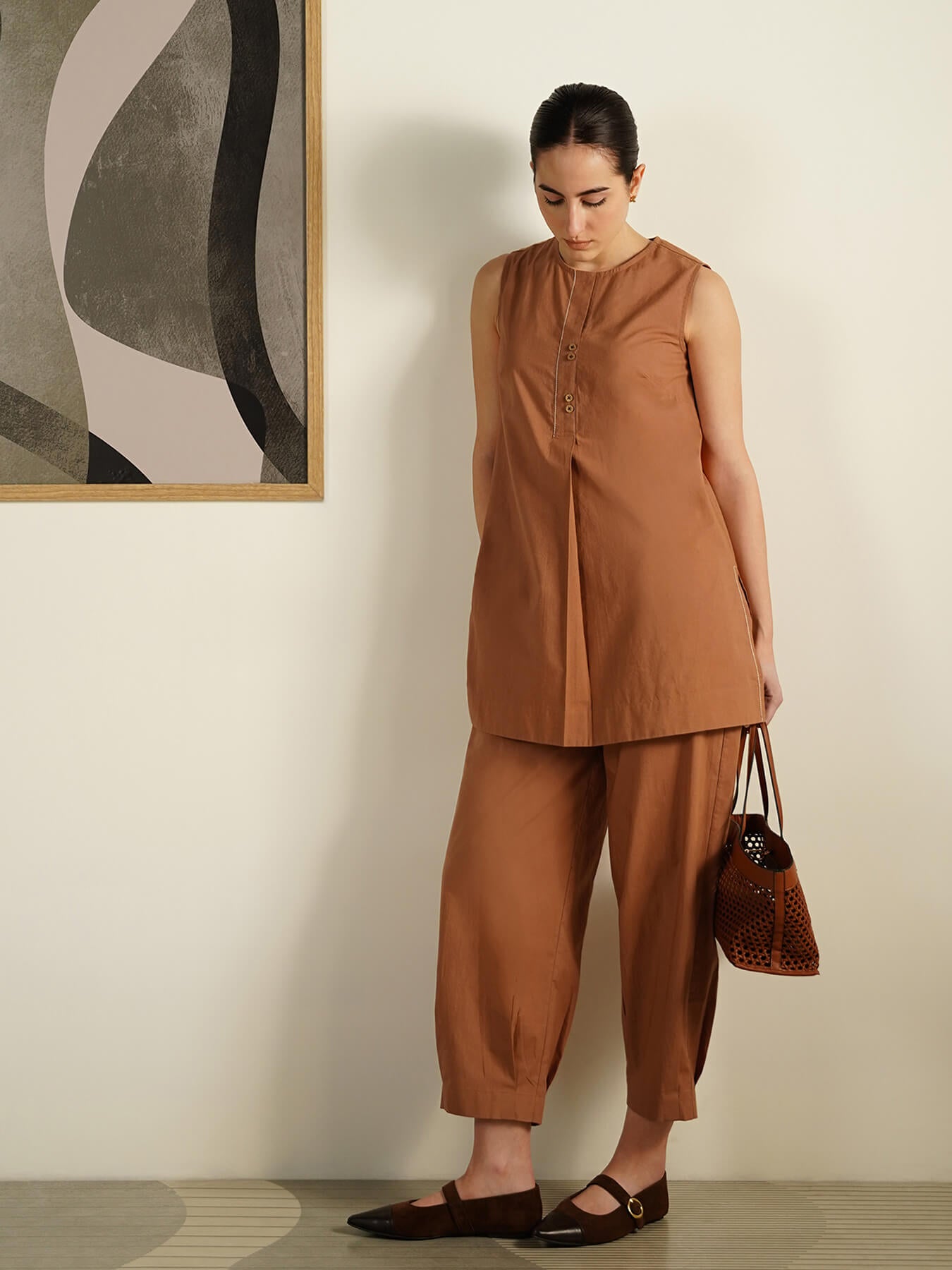 Cotton Solid Round Neck Co-Ord Set - Rust