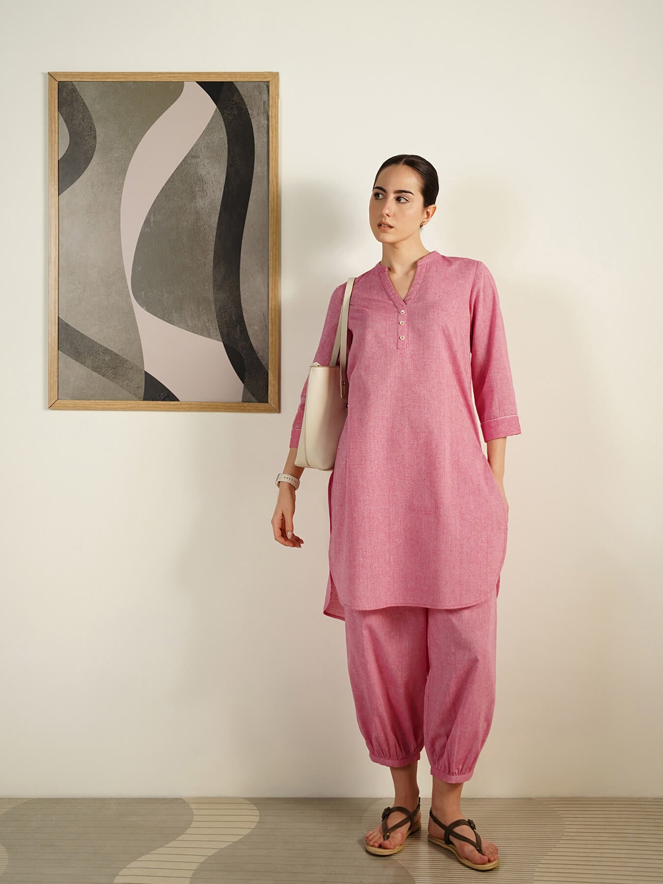 Cotton Woven Design Co-Ord Set - Pink