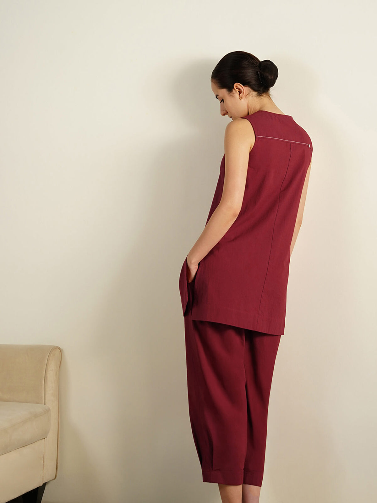 Cotton Solid Sleeveless Co-ord Set - Maroon