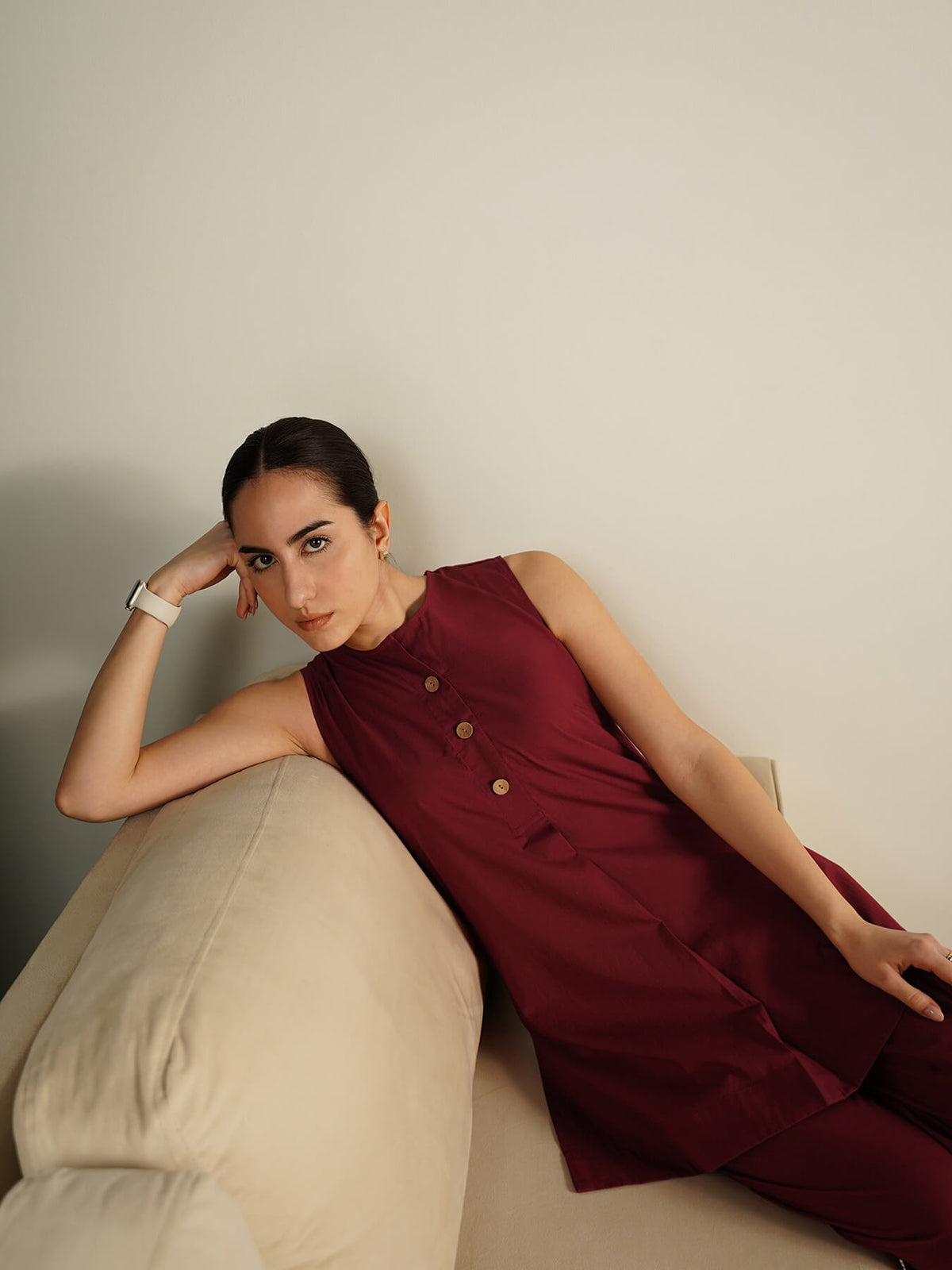 Cotton Solid Sleeveless Co-ord Set - Maroon