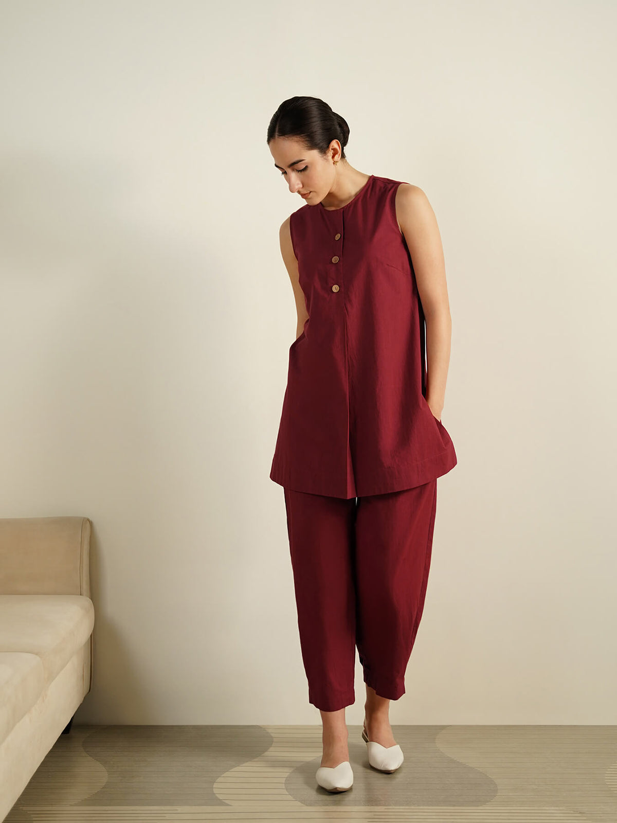 Cotton Solid Sleeveless Co-ord Set - Maroon