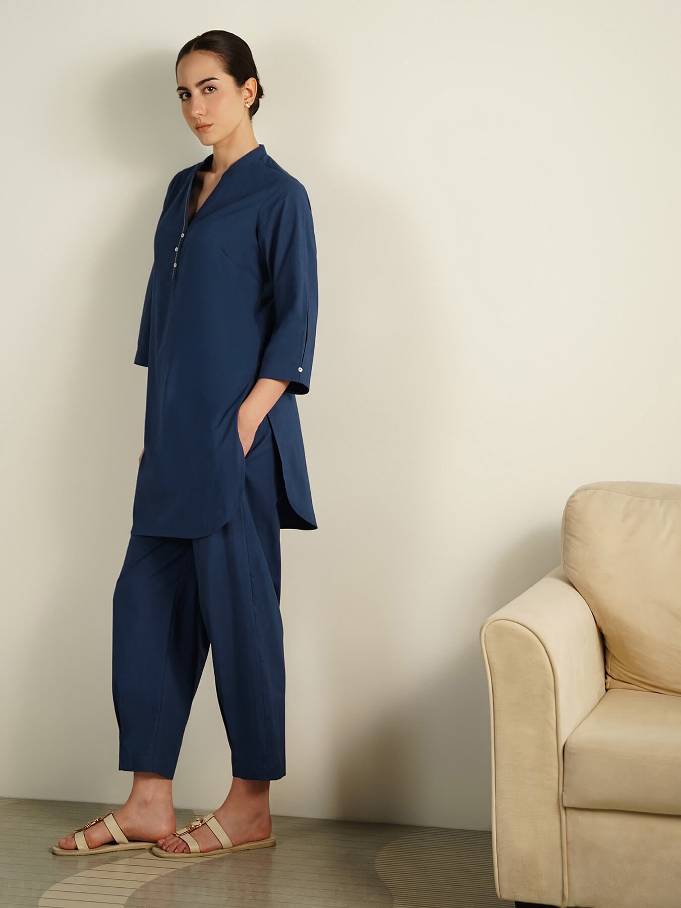 Cotton Solid Co-Ord Set - Navy Blue