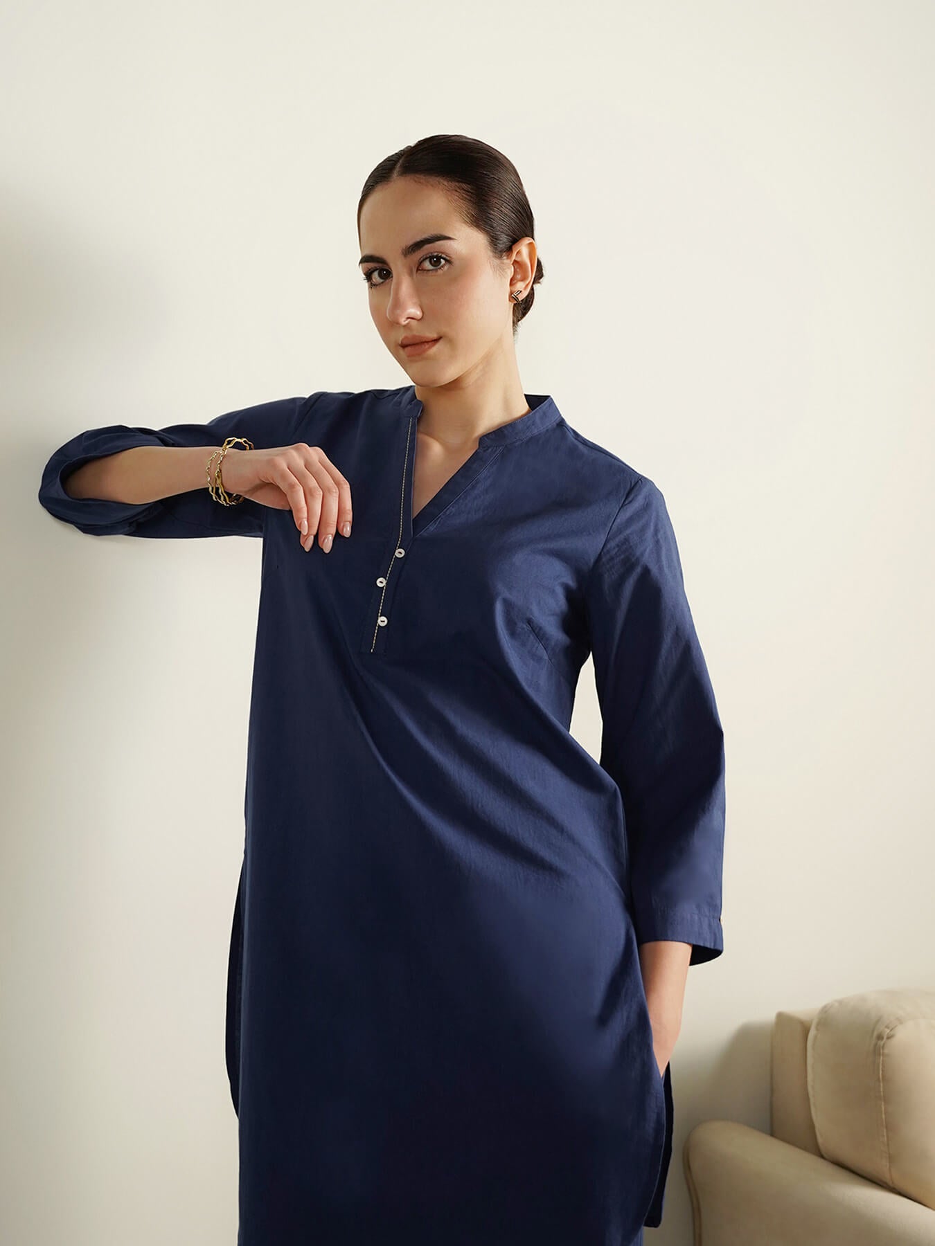 Cotton Solid Co-Ord Set - Navy Blue