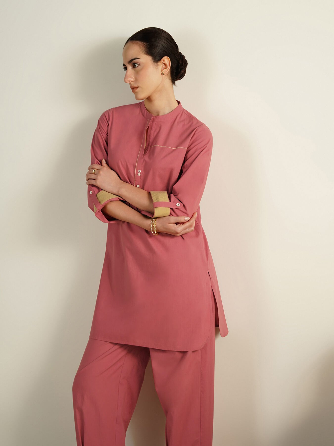 Cotton Colourblock Co-Ord Set - Peach and Beige