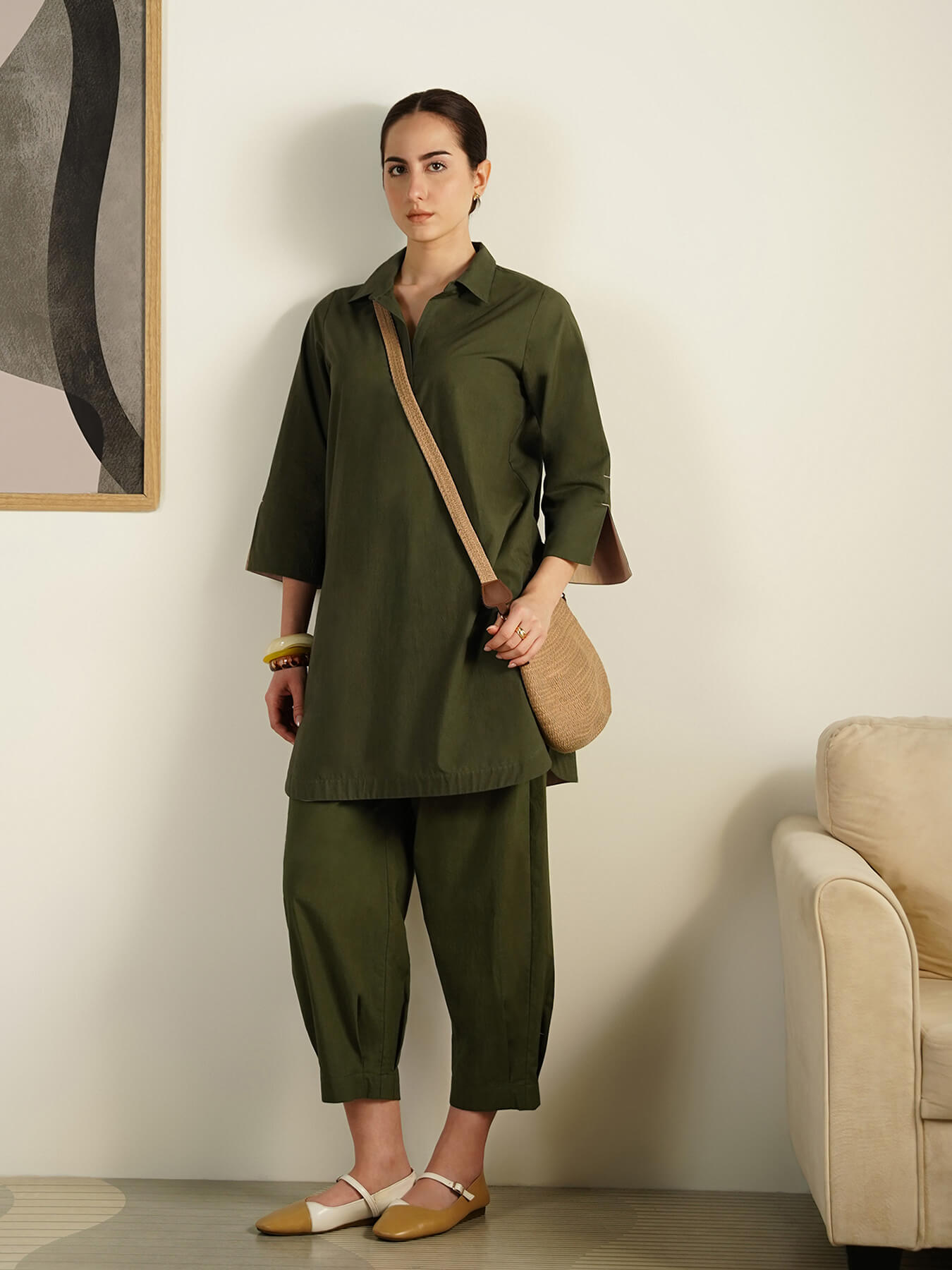 Cotton Colourblock Shirt Collar Co-Ord Set - Olive and Beige