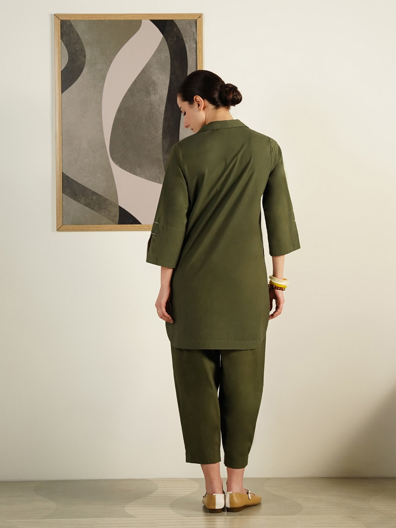 Cotton Colourblock Shirt Collar Co-Ord Set - Olive and Beige