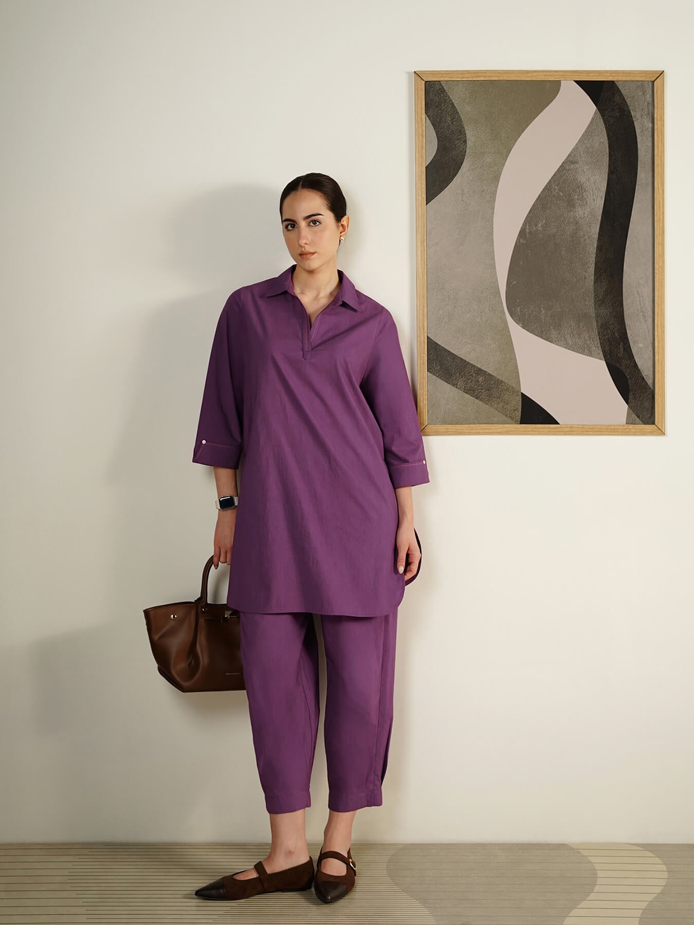 Cotton Solid Shirt Collar Co-Ord Set - Lavender
