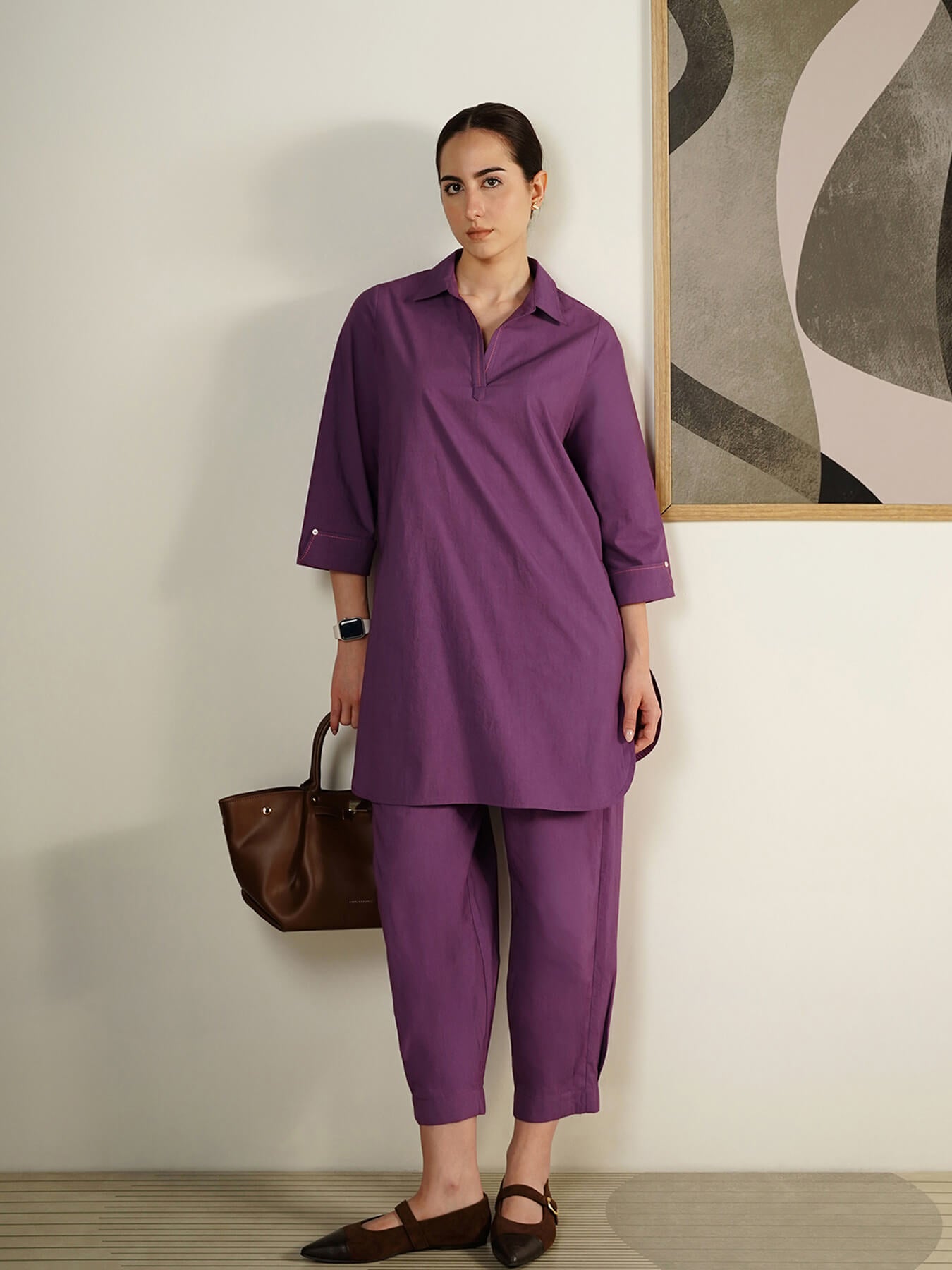 Cotton Solid Shirt Collar Co-Ord Set - Lavender
