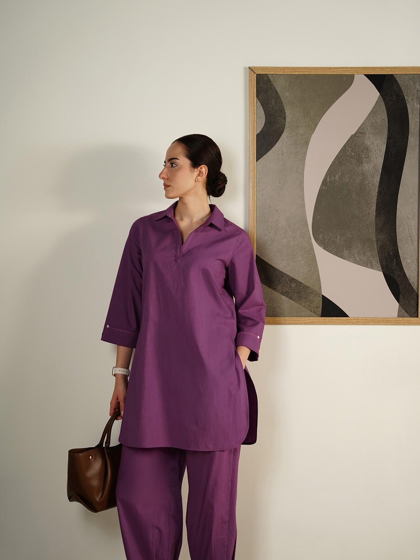 Cotton Solid Shirt Collar Co-Ord Set - Lavender