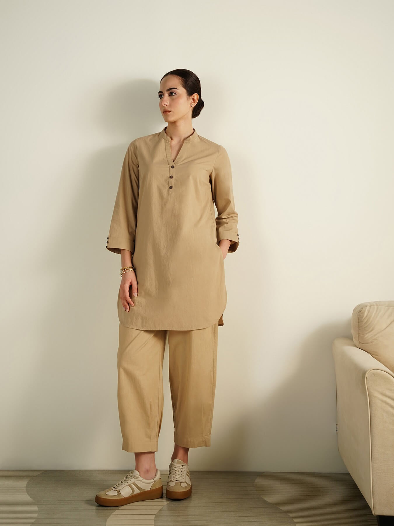 Cotton Solid Mandarin Collar Co-Ord Set - Beige