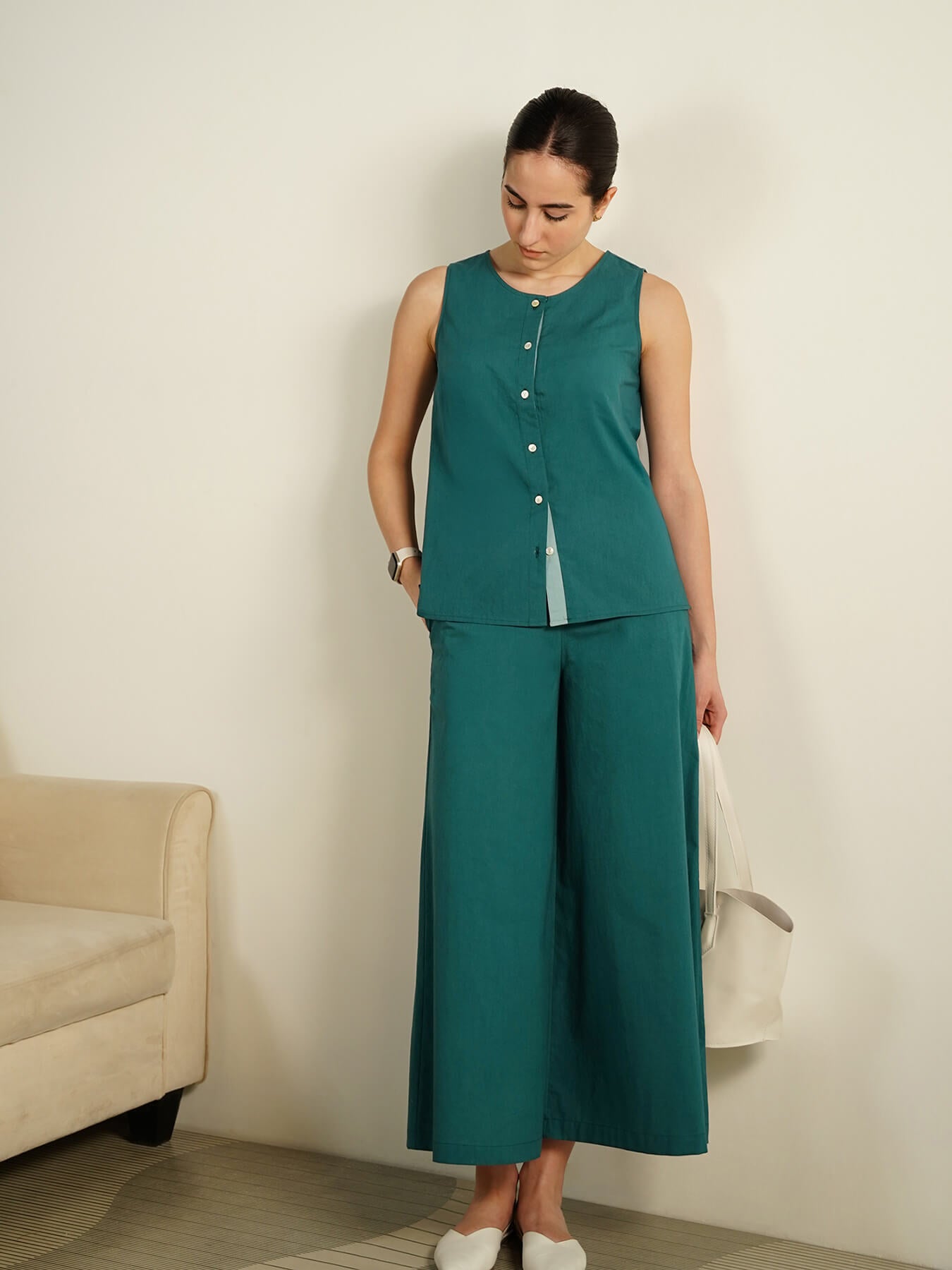 Cotton Colourblock Sleeveless Co-Ord Set - Teal