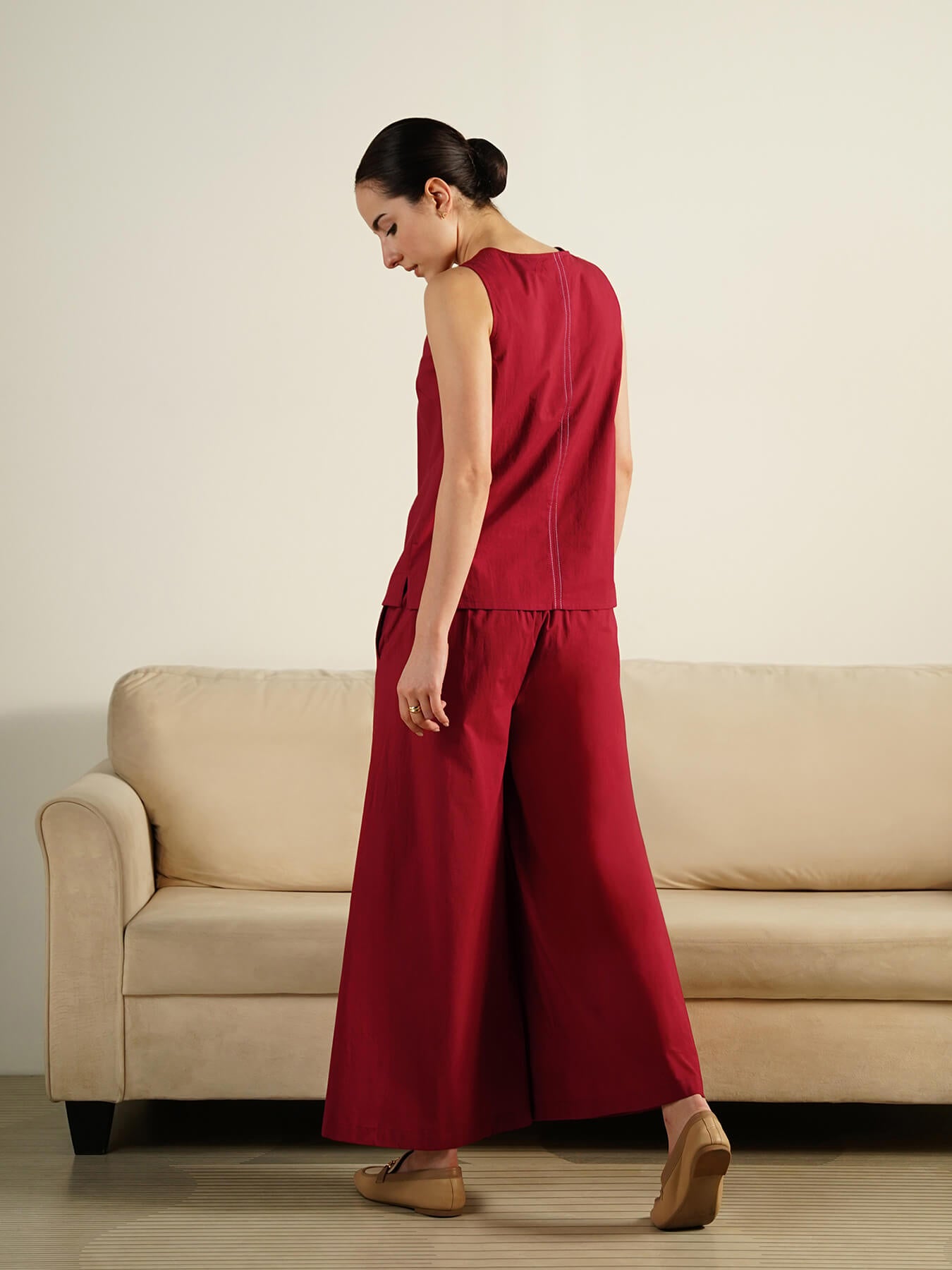 Cotton Solid Sleeveless Co-Ord Set - Red