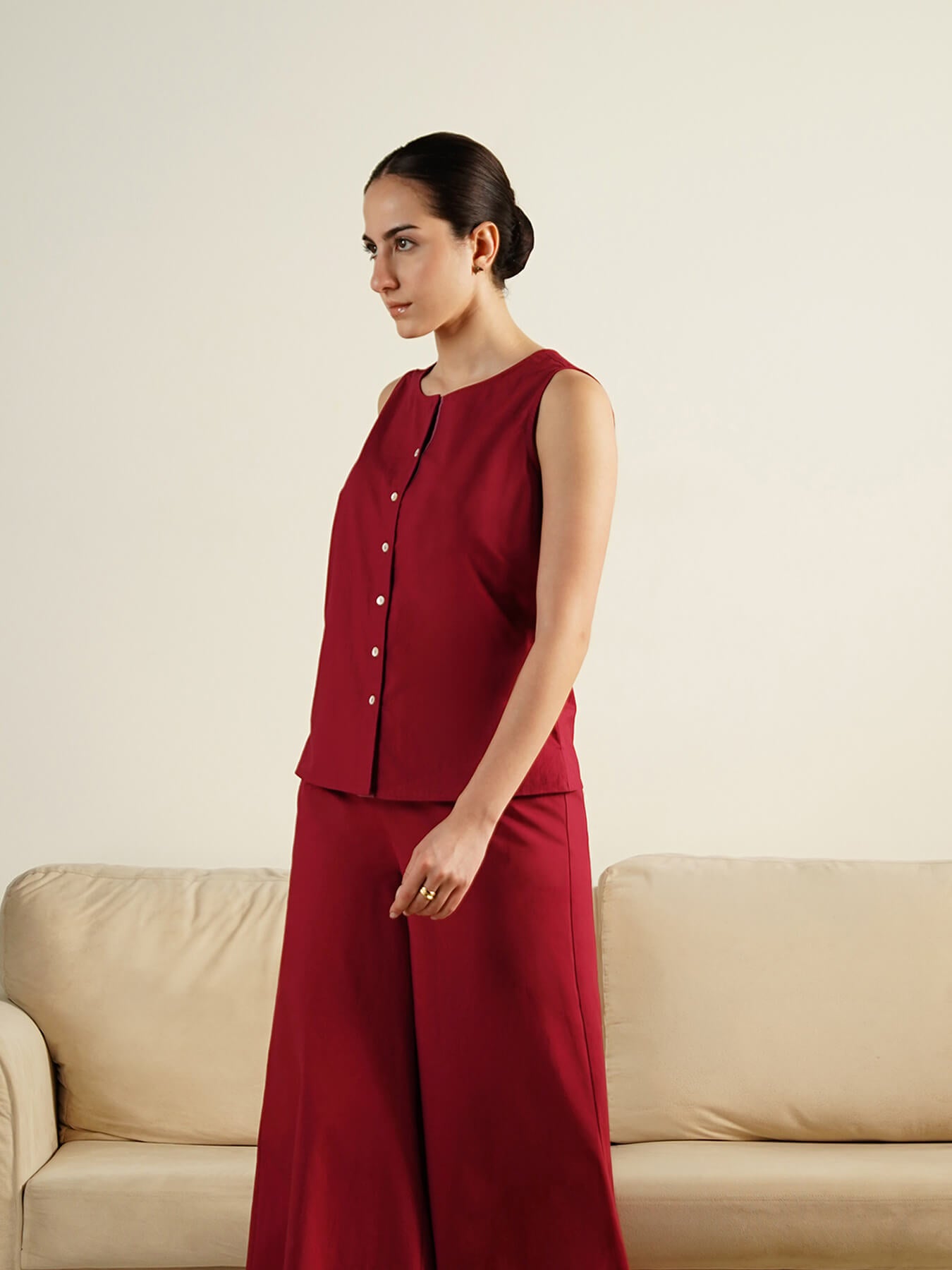 Cotton Solid Sleeveless Co-Ord Set - Red