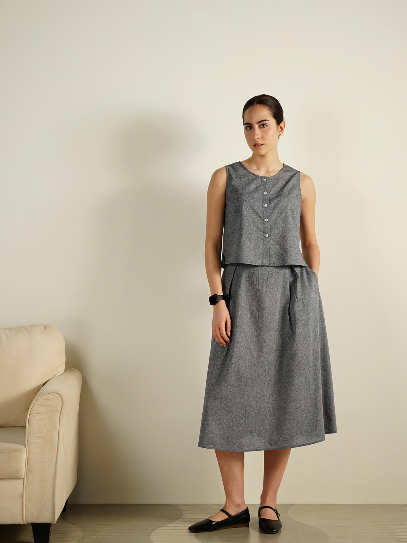 Cotton Solid Woven Design Co-Ord Set - Grey