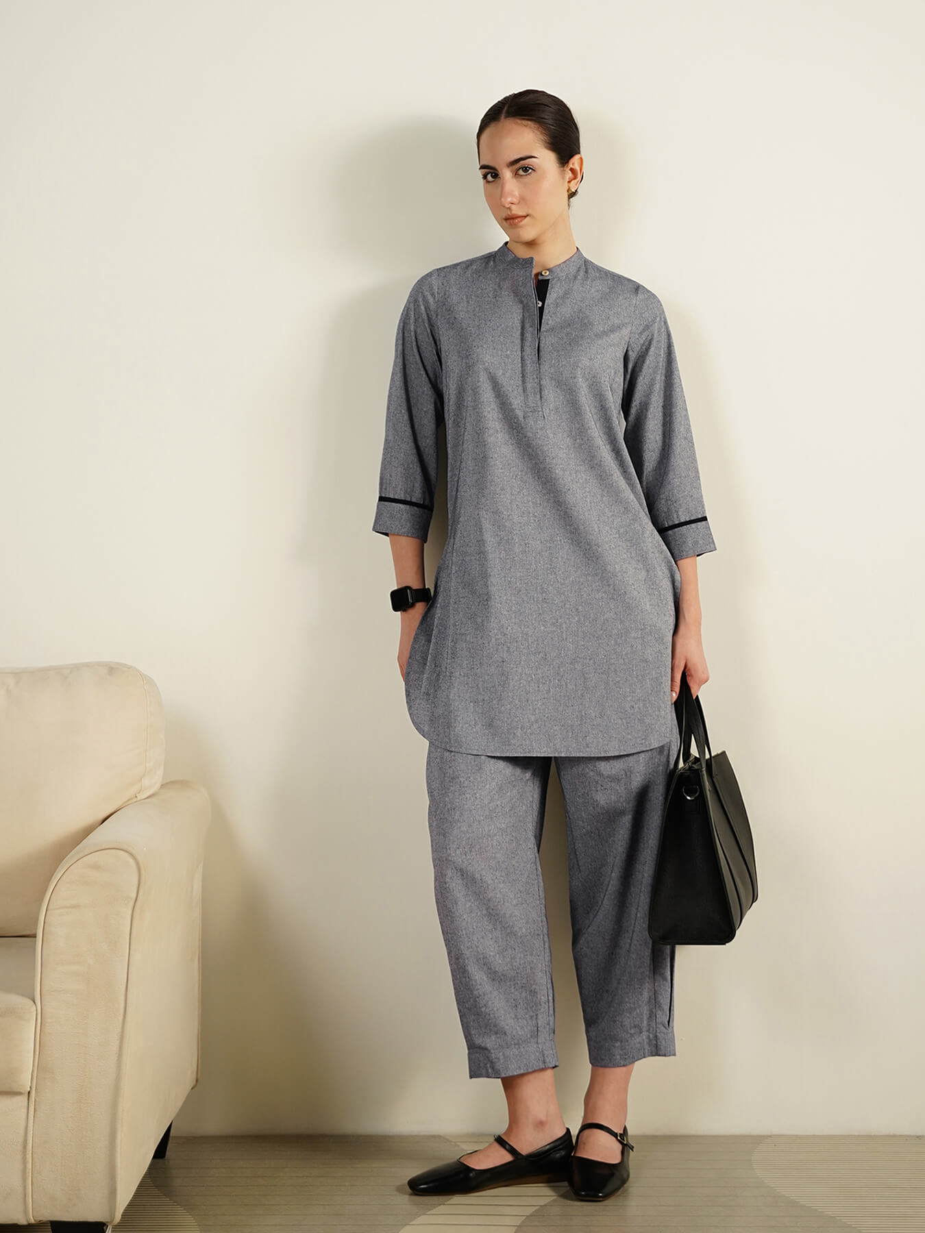 Cotton Woven Design Mandarin Collar Co-Ord Set - Grey