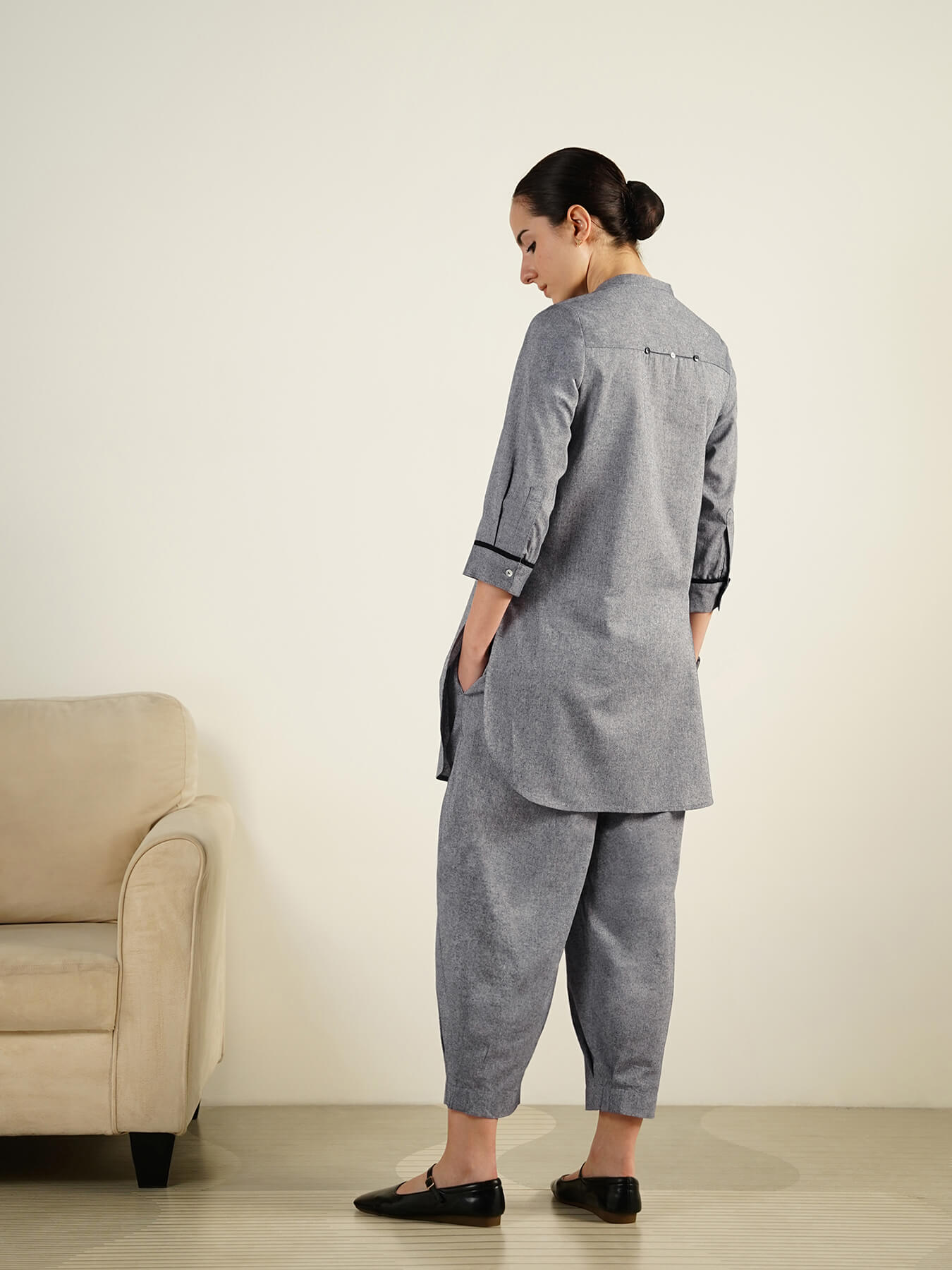 Cotton Woven Design Mandarin Collar Co-Ord Set - Grey