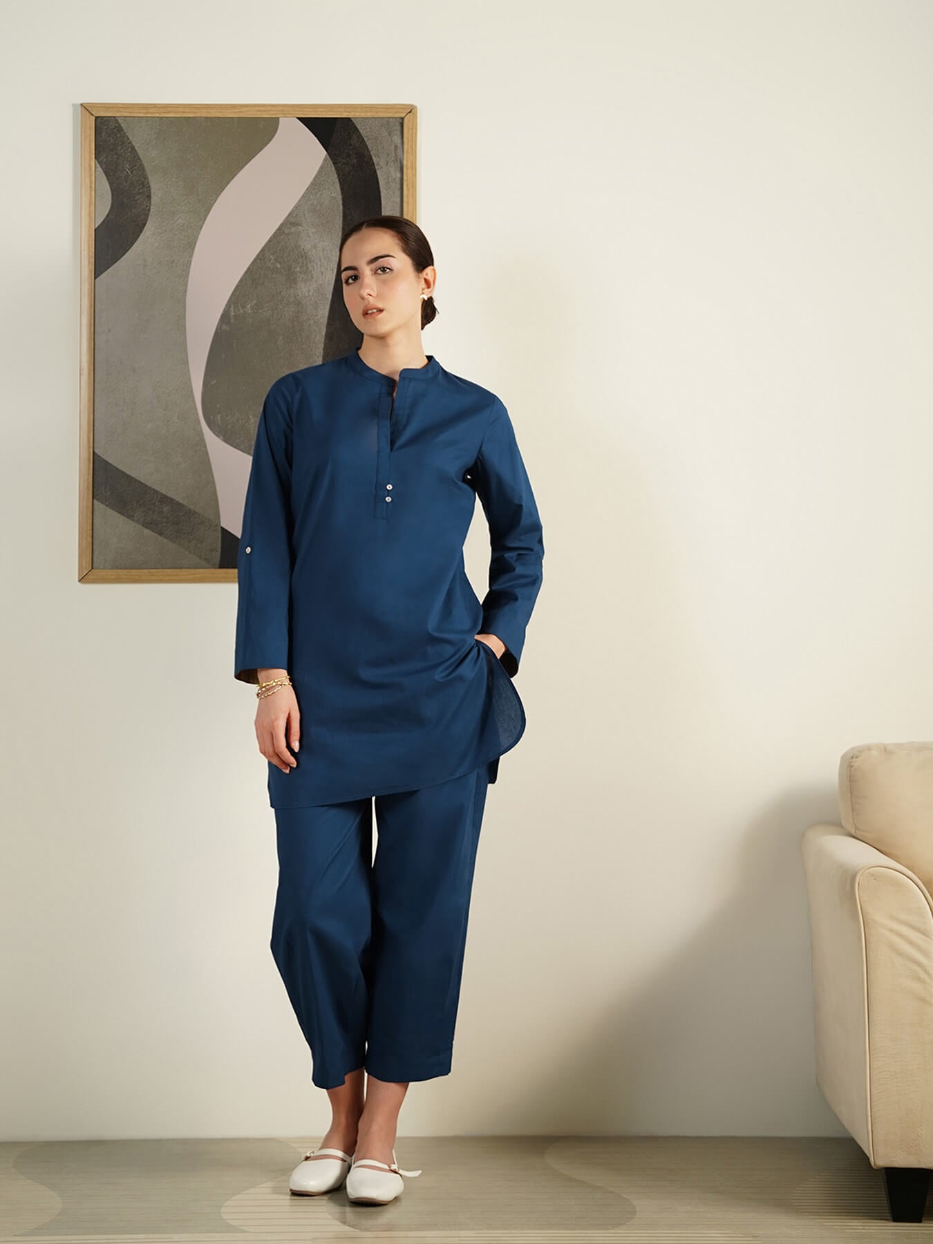 Cotton Solid Regular Fit Co-Ord Set - Blue