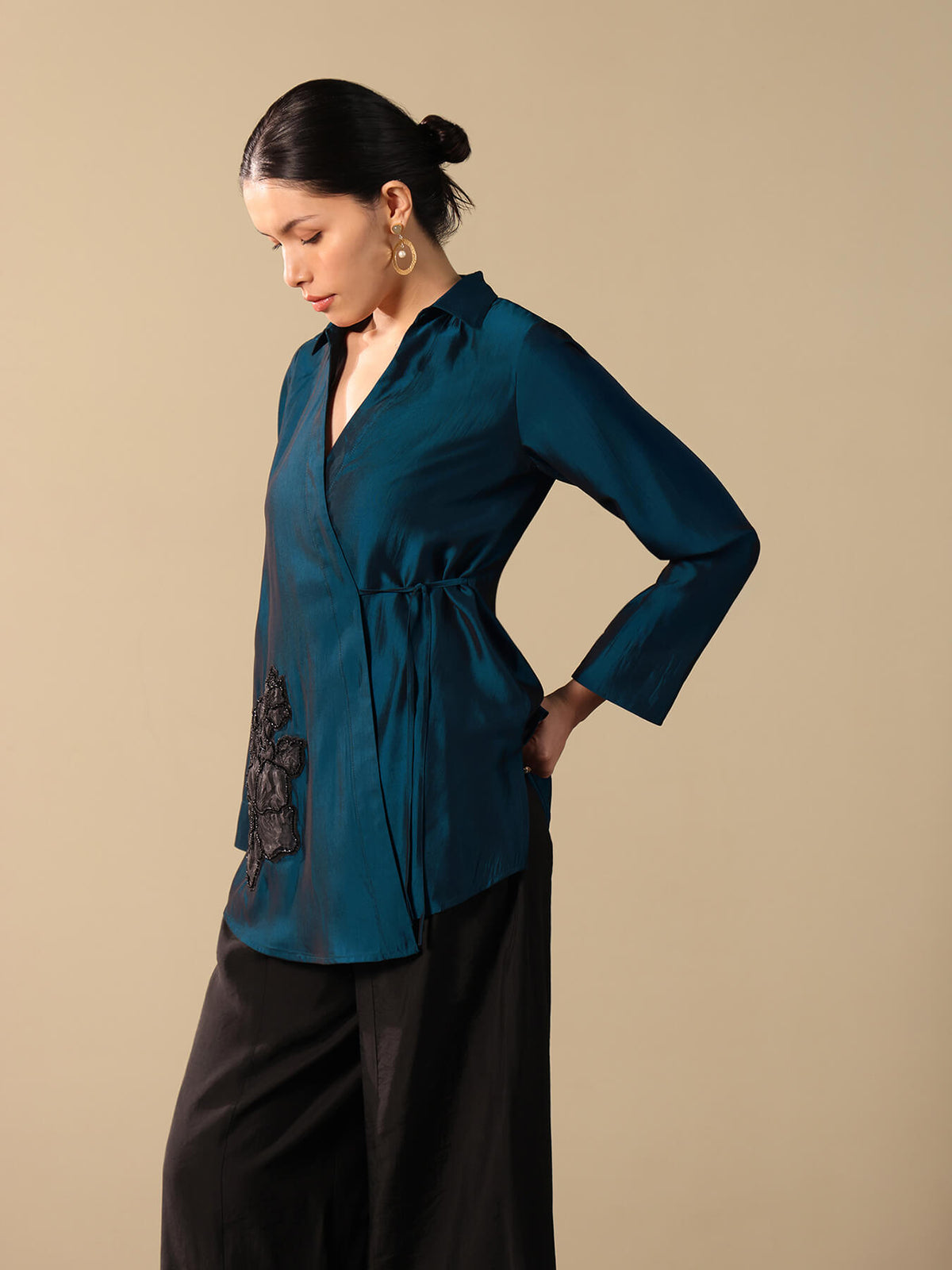 Viscose Silk Embroidered Patch Detail Co-ord Set - Teal