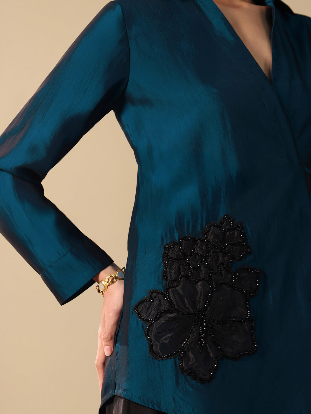 Viscose Silk Embroidered Patch Detail Co-ord Set - Teal