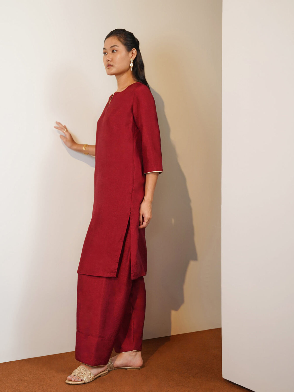 Silk Blend Solid Co-Ord Set with Farshi Salwar - Maroon