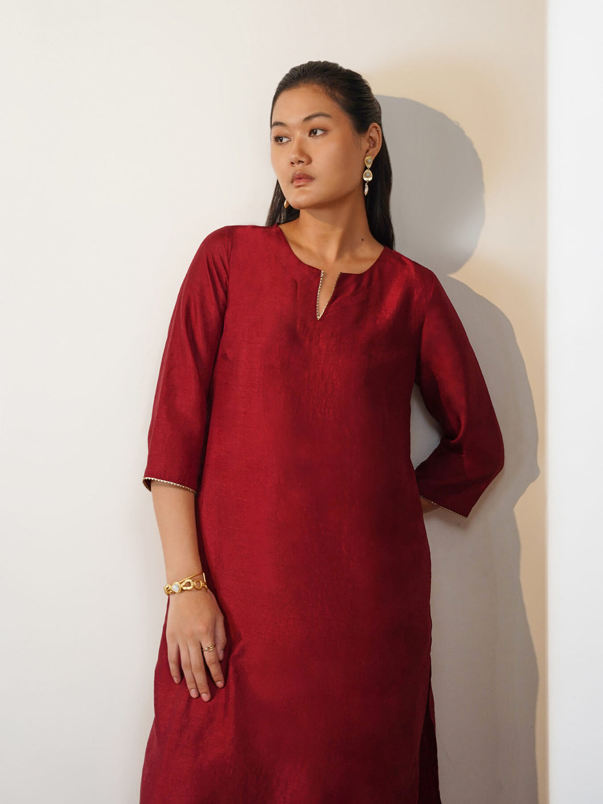 Silk Blend Solid Co-Ord Set with Farshi Salwar - Maroon