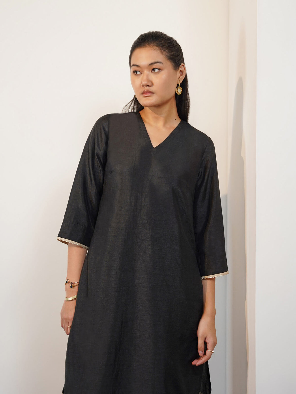 Silk Blend Solid V-Neck Co-Ord Set - Black