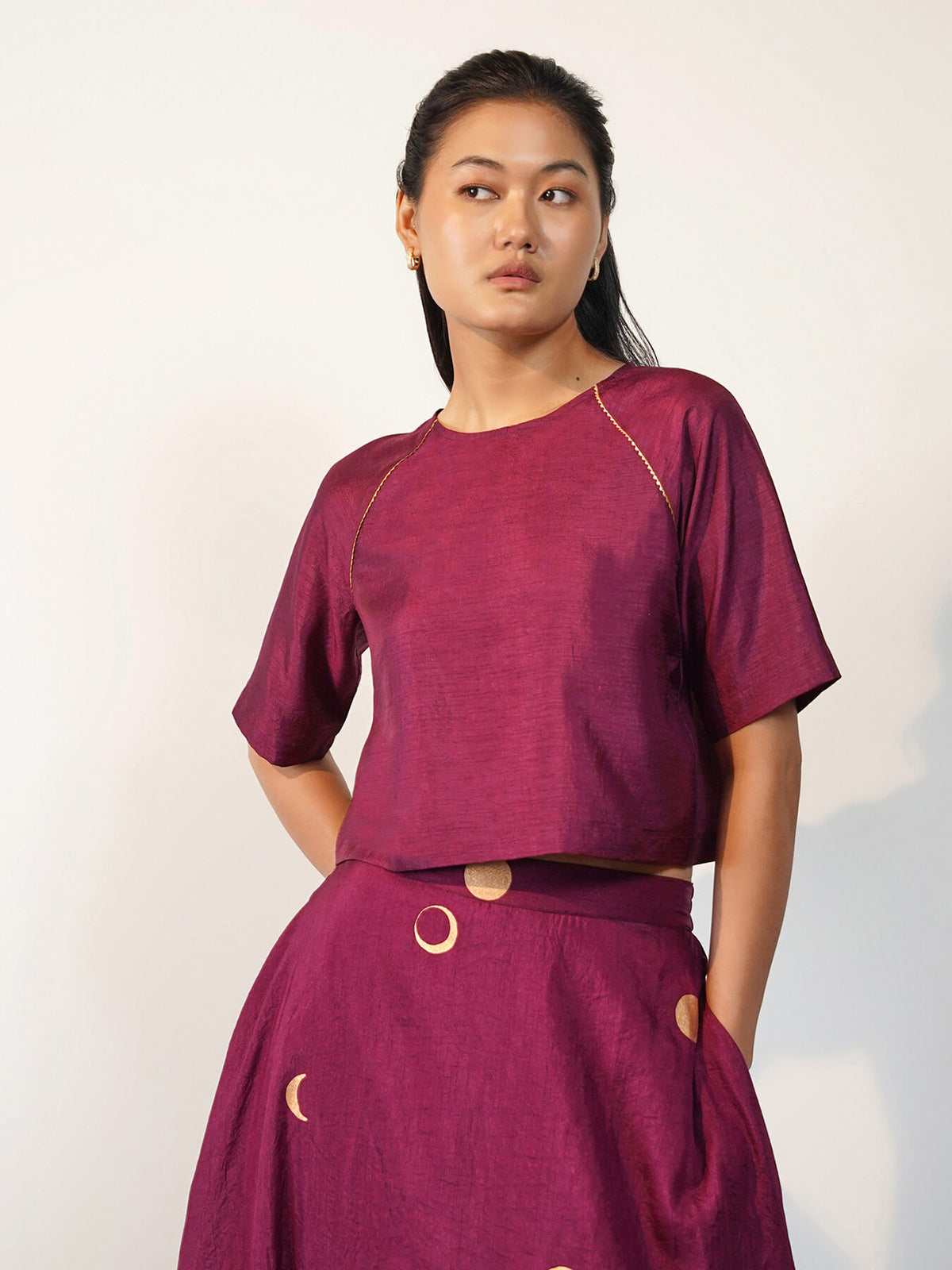 Silk Blend Geometric Co-ord Set - Burgundy