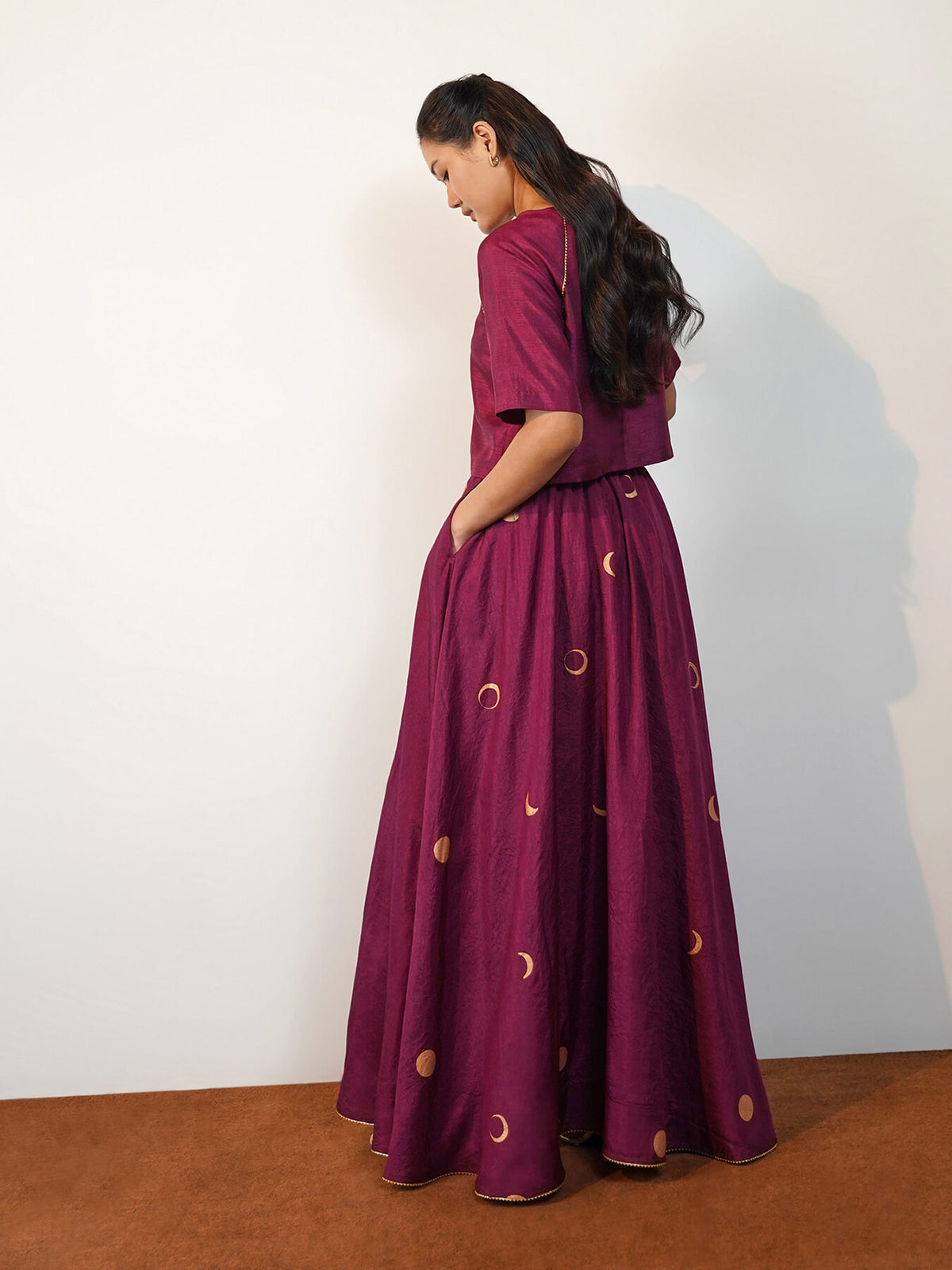 Silk Blend Geometric Co-ord Set - Burgundy