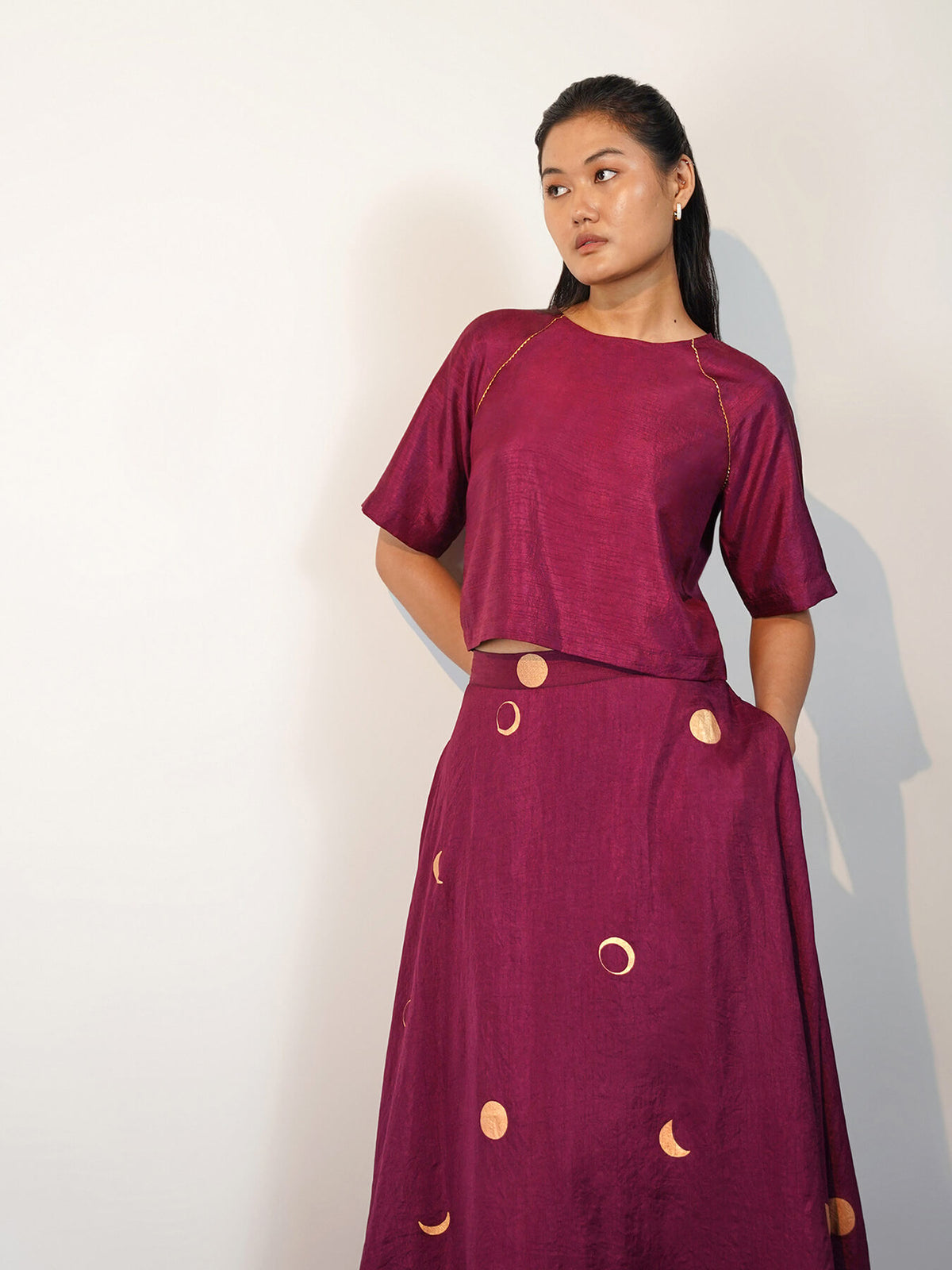 Silk Blend Geometric Co-ord Set - Burgundy