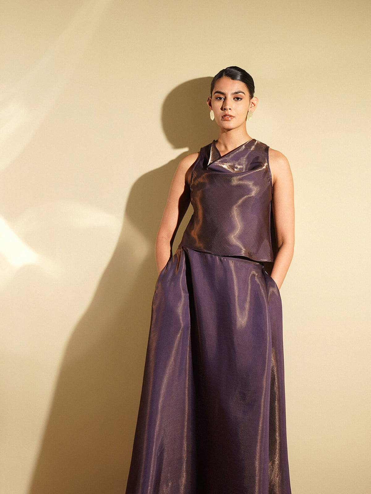 Viscose Silk Solid Cowl Neck Skirt Set - Purple