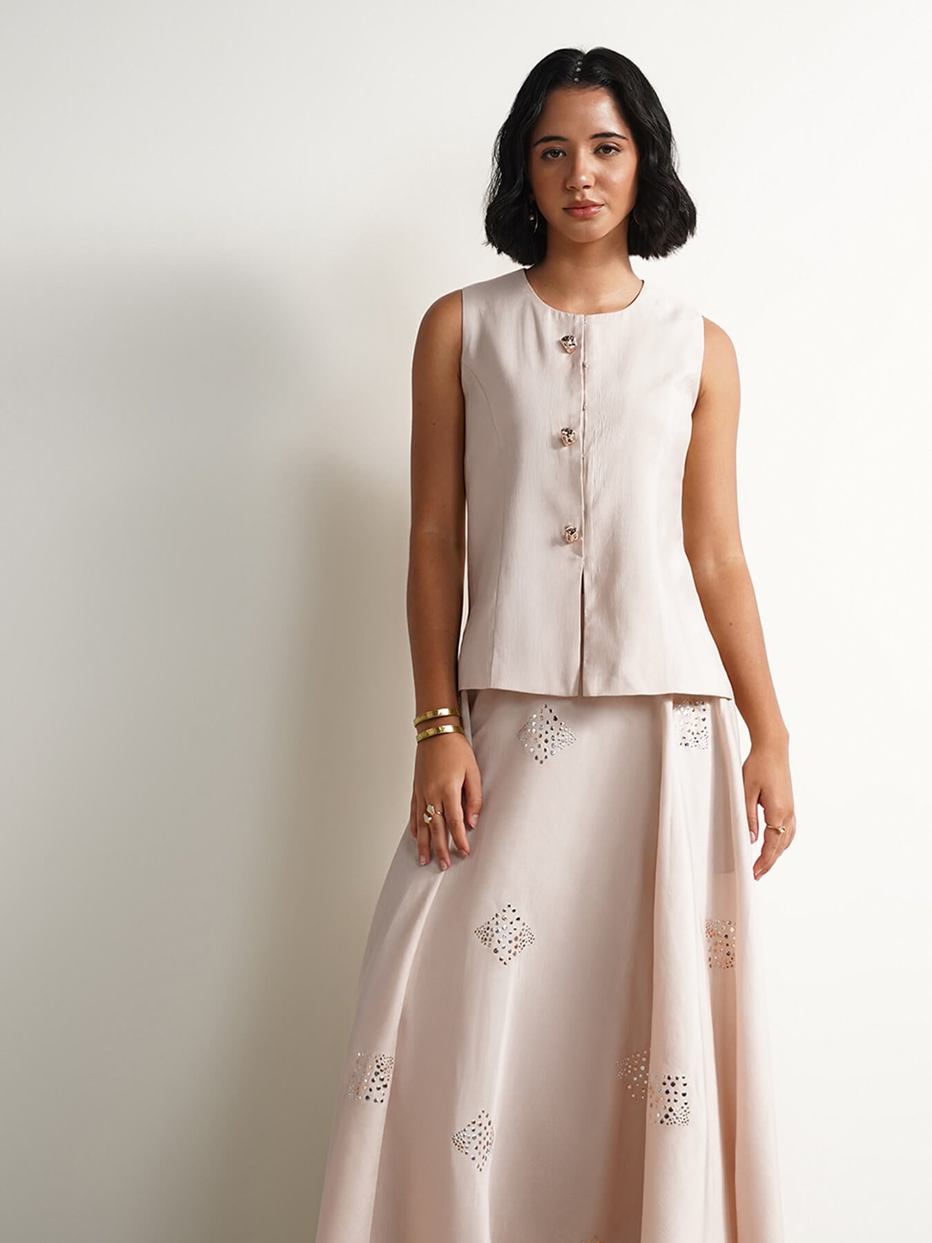 Silk Blend Geometric Print Skirt Set - Beige & Gold