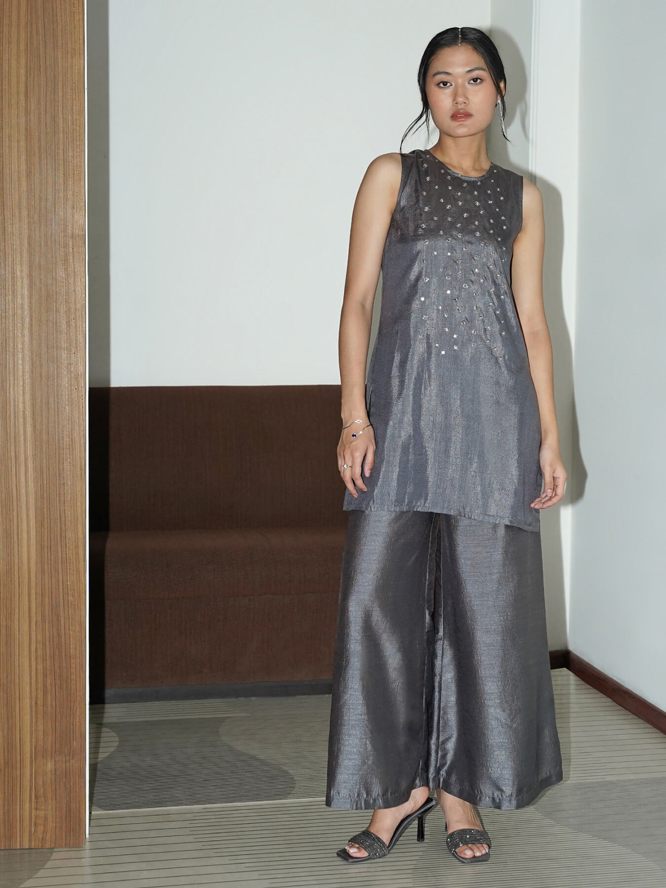 Silk Blend Embroidered Co-ord Set - Grey