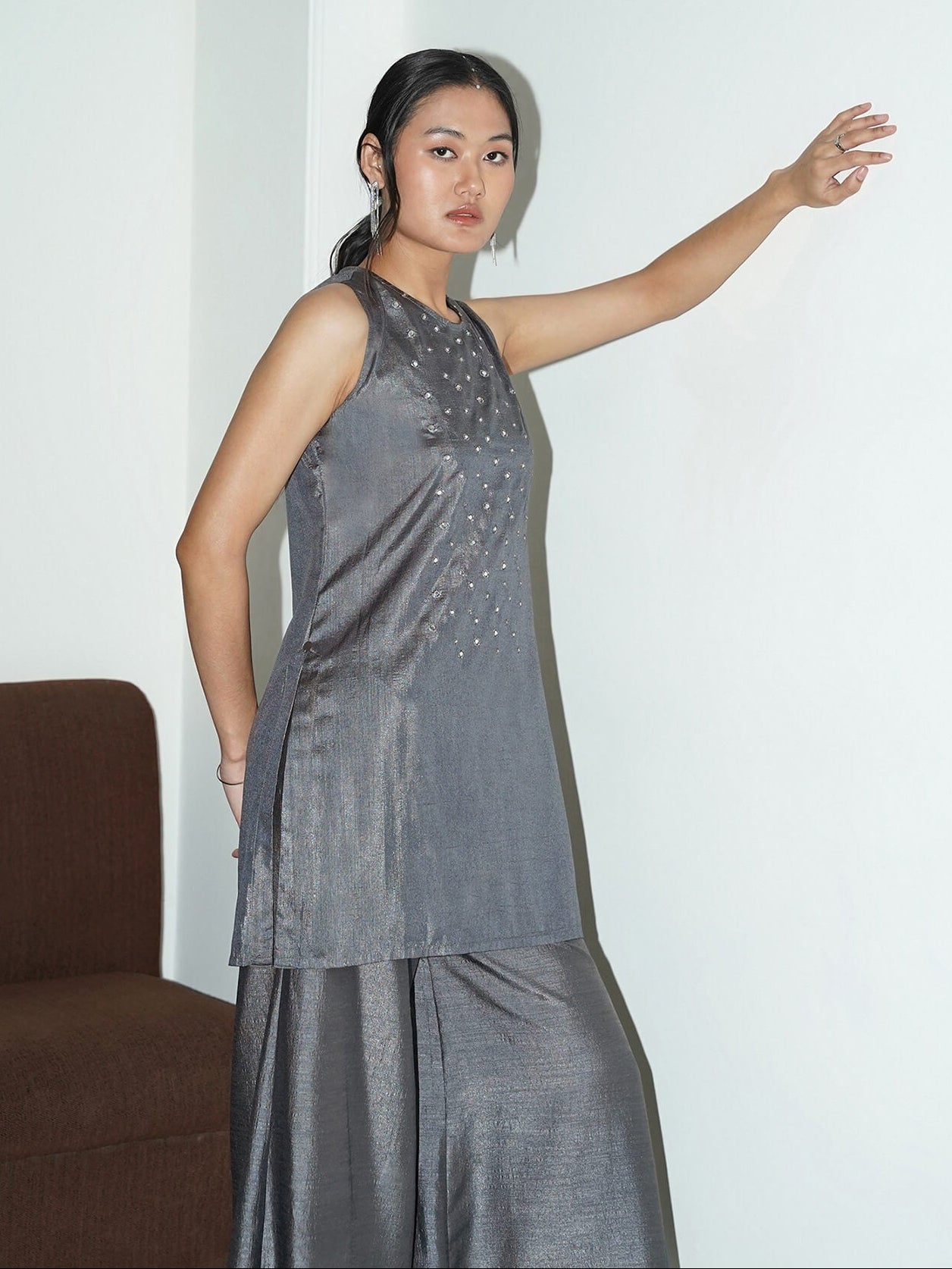 Silk Blend Embroidered Co-ord Set - Grey