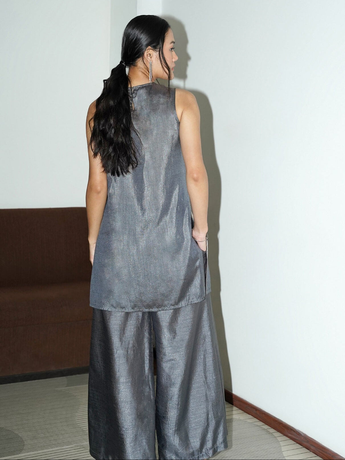 Silk Blend Embroidered Co-ord Set - Grey