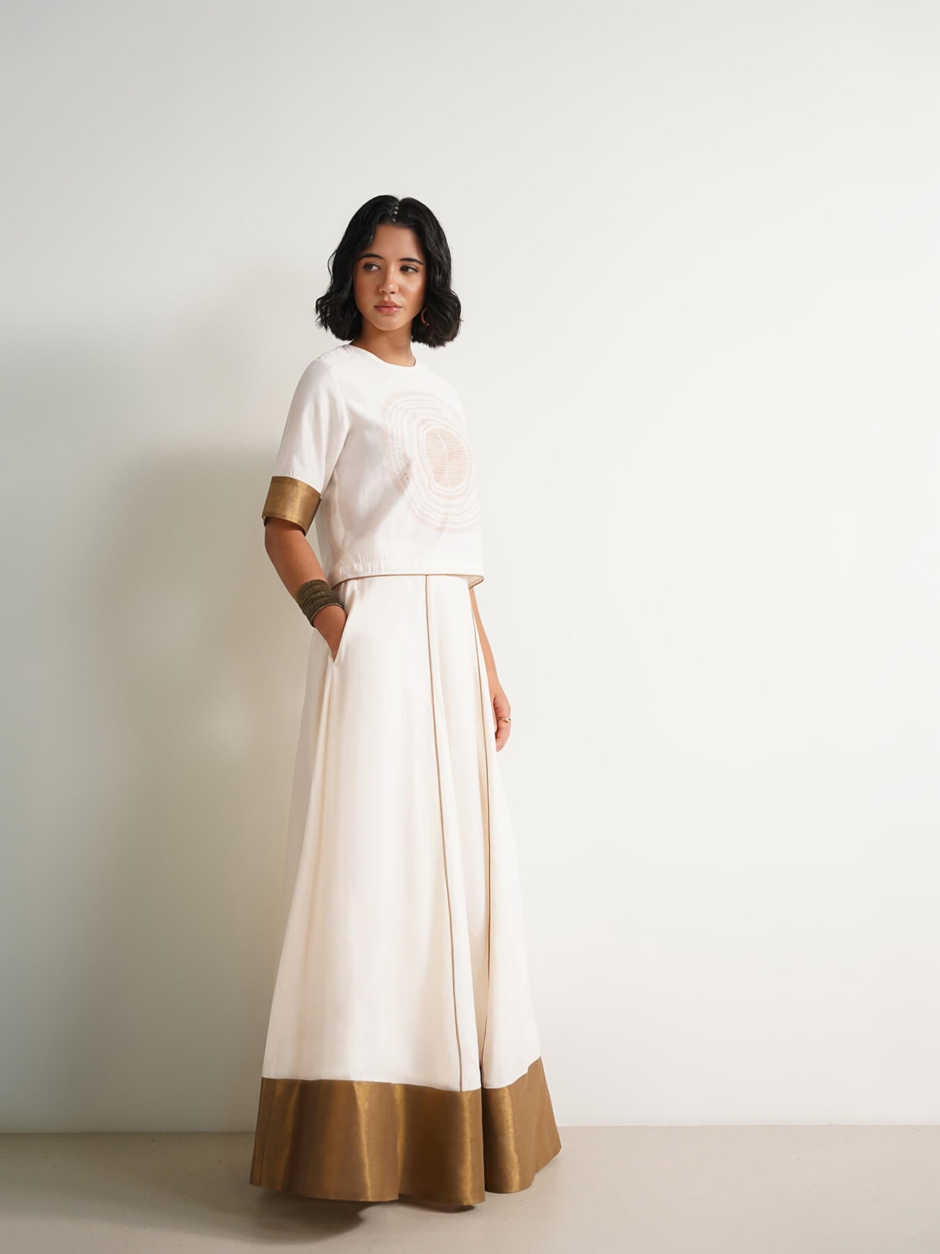 Viscose Gold Statement Print Skirt Set - Off White and Gold