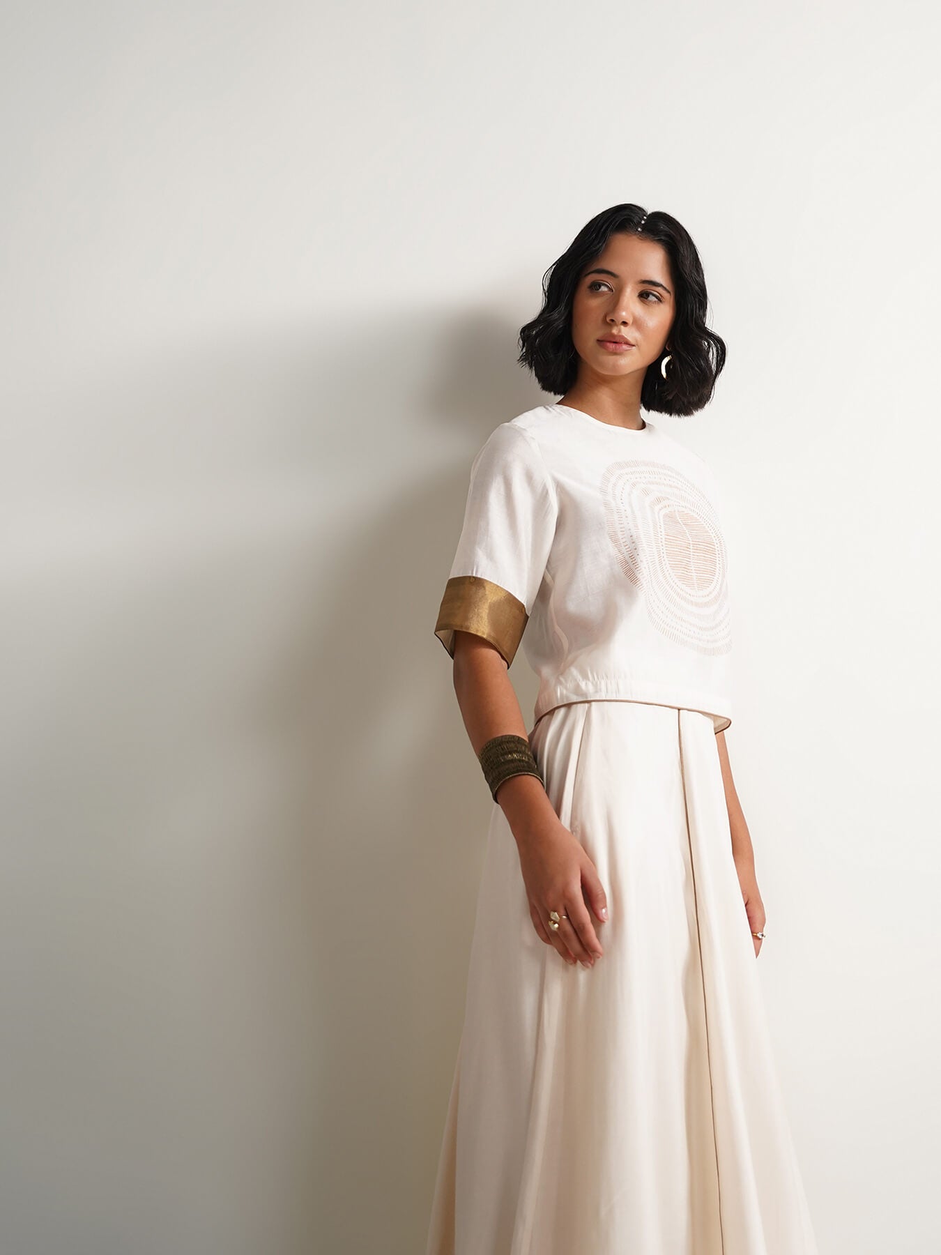 Viscose Gold Statement Print Skirt Set - Off White and Gold