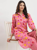 Rayon Floral Shirt Collar Kurta Set - Pink