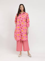 Rayon Floral Shirt Collar Kurta Set - Pink