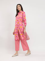 Rayon Floral Shirt Collar Kurta Set - Pink