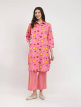 Rayon Floral Shirt Collar Kurta Set - Pink