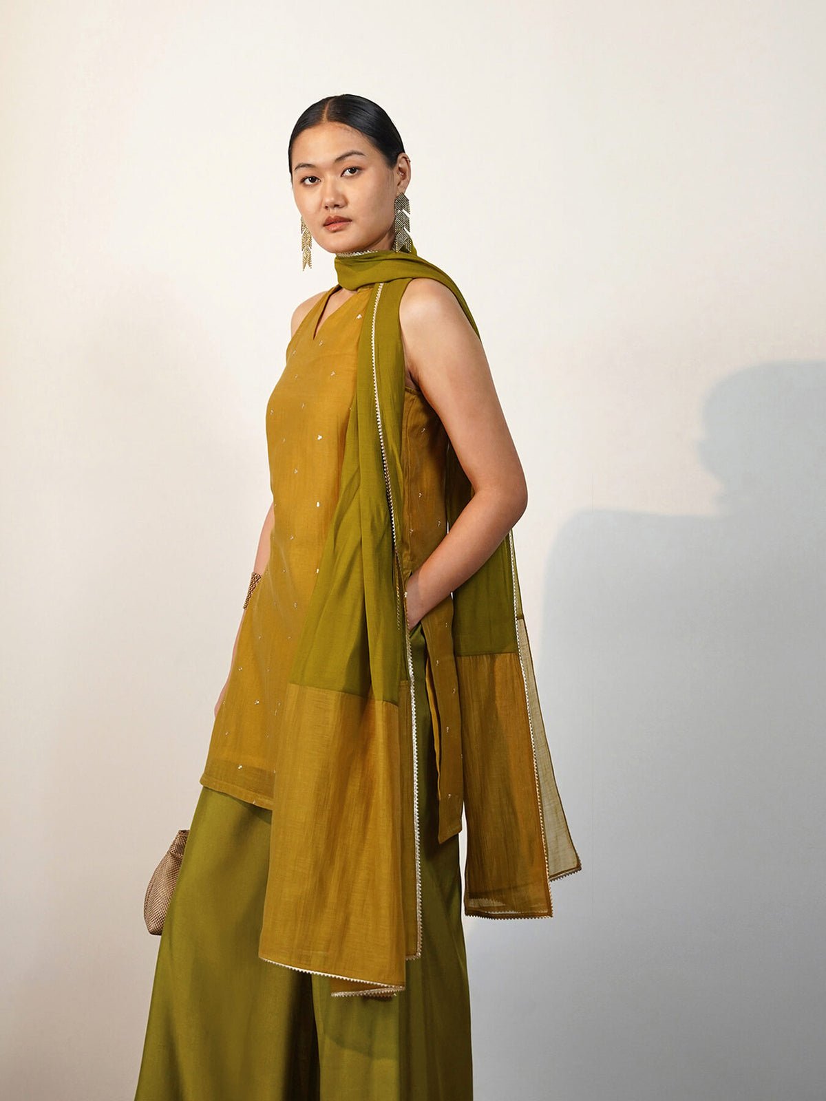 Viscose Silk Embroidered Co-ord Set with Dupatta - Yellow & Green