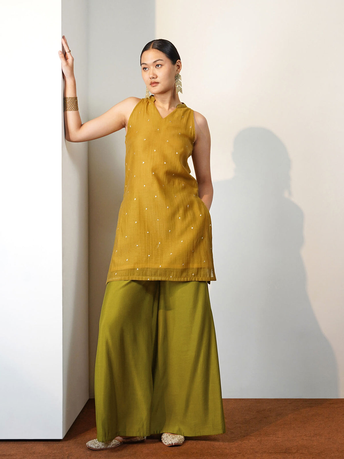 Viscose Silk Embroidered Co-ord Set with Dupatta - Yellow & Green