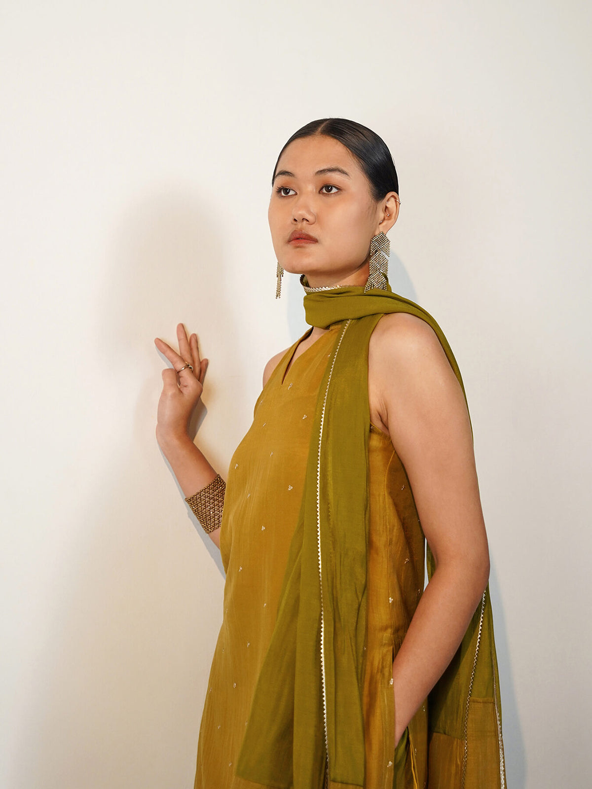 Viscose Silk Embroidered Co-ord Set with Dupatta - Yellow & Green