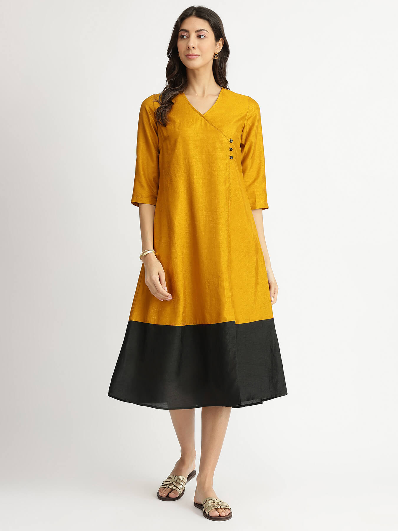 Colour Block Silk Blend A-line Dress - Yellow & Black