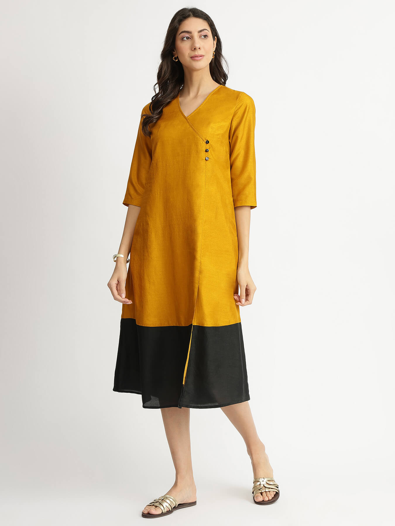 Colour Block Silk Blend A-line Dress - Yellow & Black