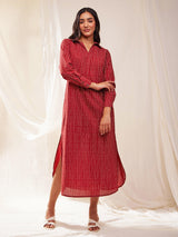 Cotton Tribal Print Shirt Dress - Red