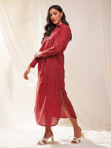 Cotton Tribal Print Shirt Dress - Red